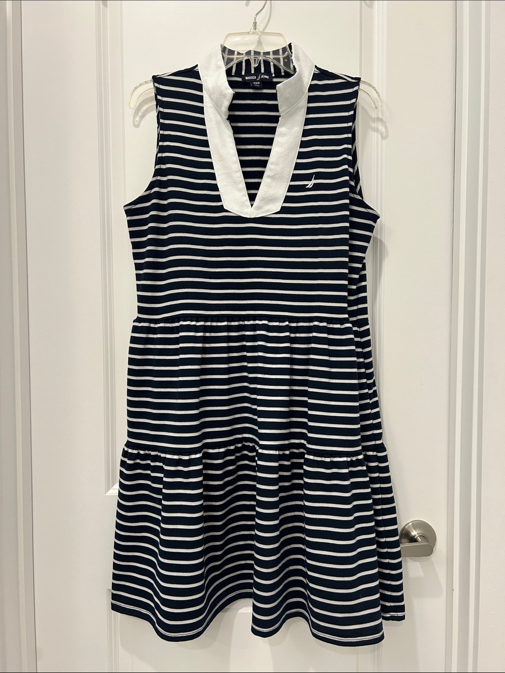 Nautica Navy and White Striped Sleeveless V-Neck Dress